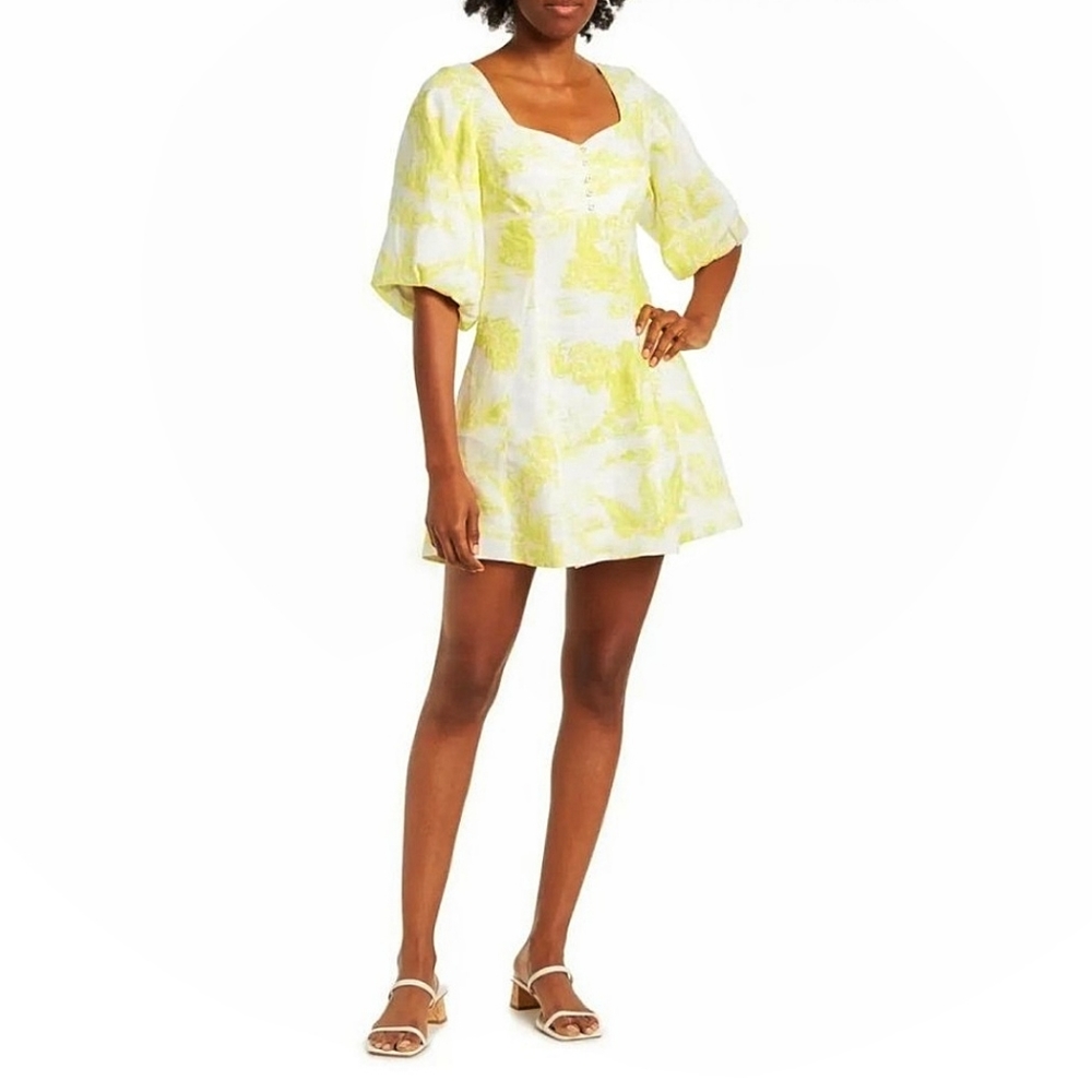NWOT Nicholas Lydia Floral Linen Puff Sleeve Chartreuse Mini Dress